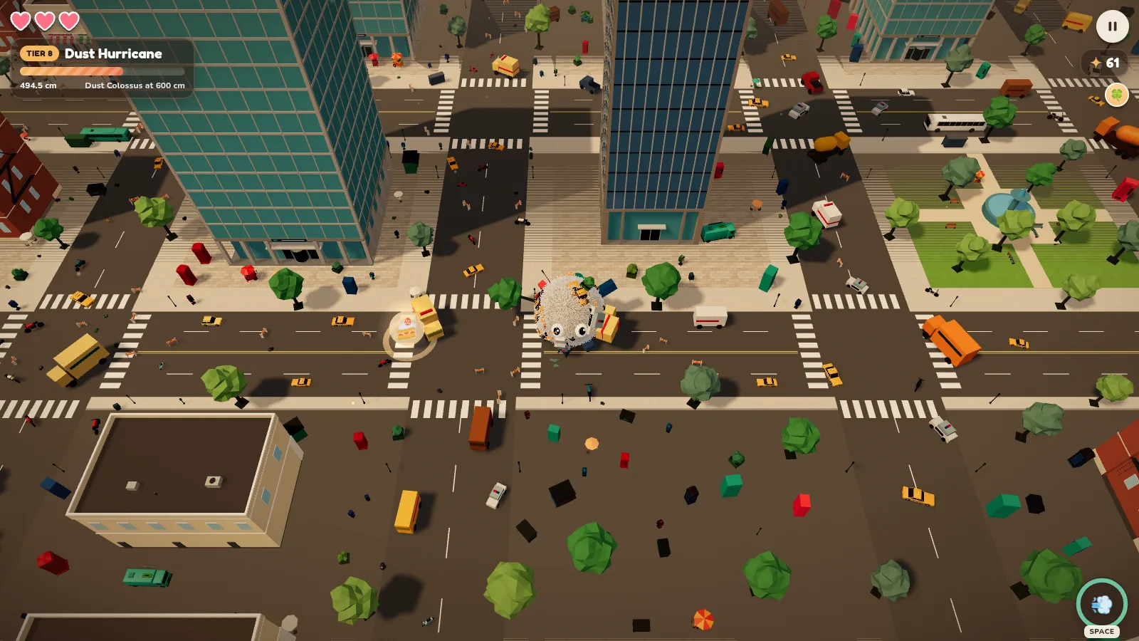 A Tier 8 Dust Hurricane, now several metres across, rolling through a downtown intersection between glass office towers, with taxis, buses, food trucks and a park fountain around it.