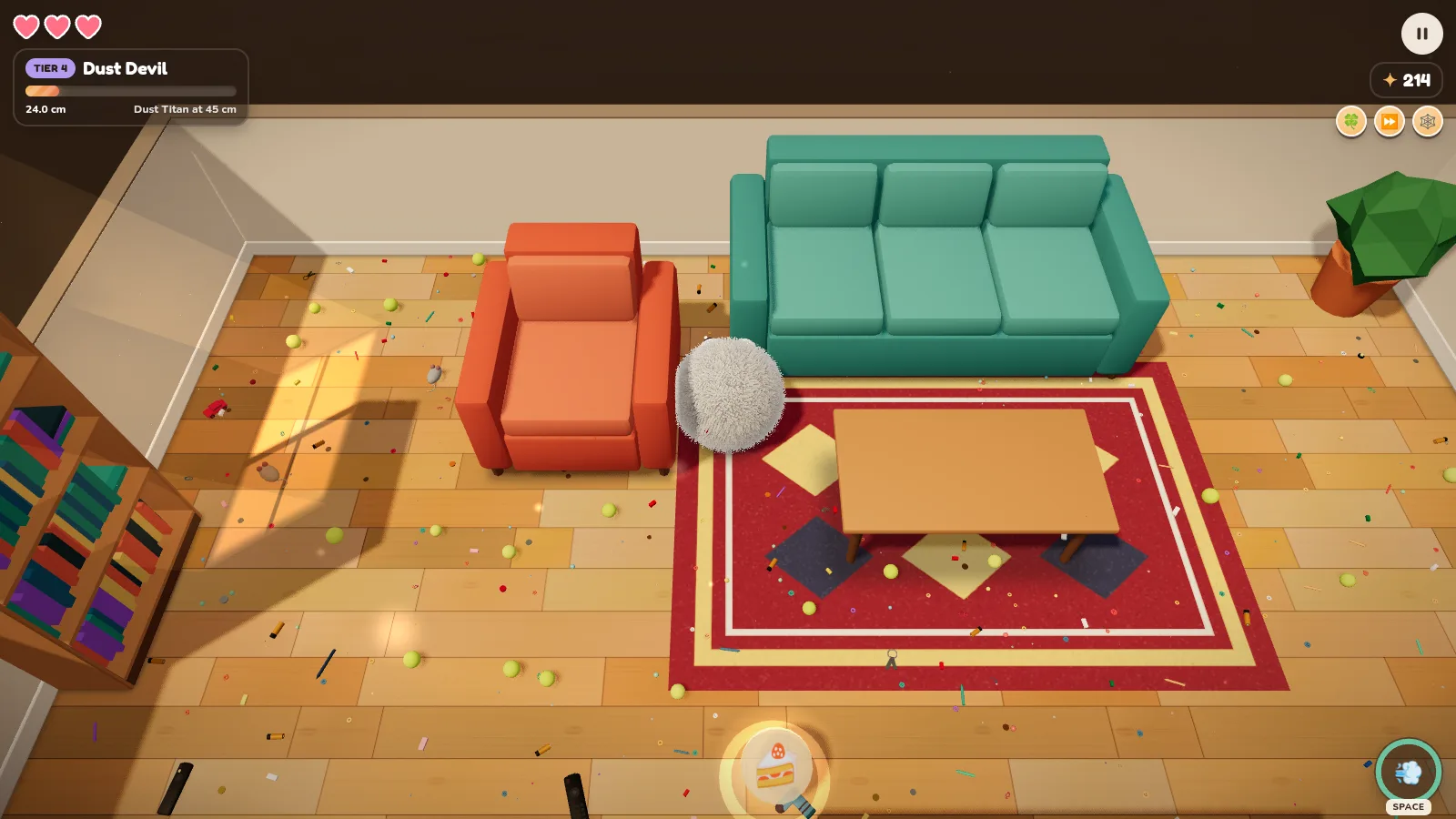 A Tier 4 Dust Devil rolling past an orange armchair and a teal couch in the living room, with a coffee table on a red rug and debris scattered across the wooden floor.