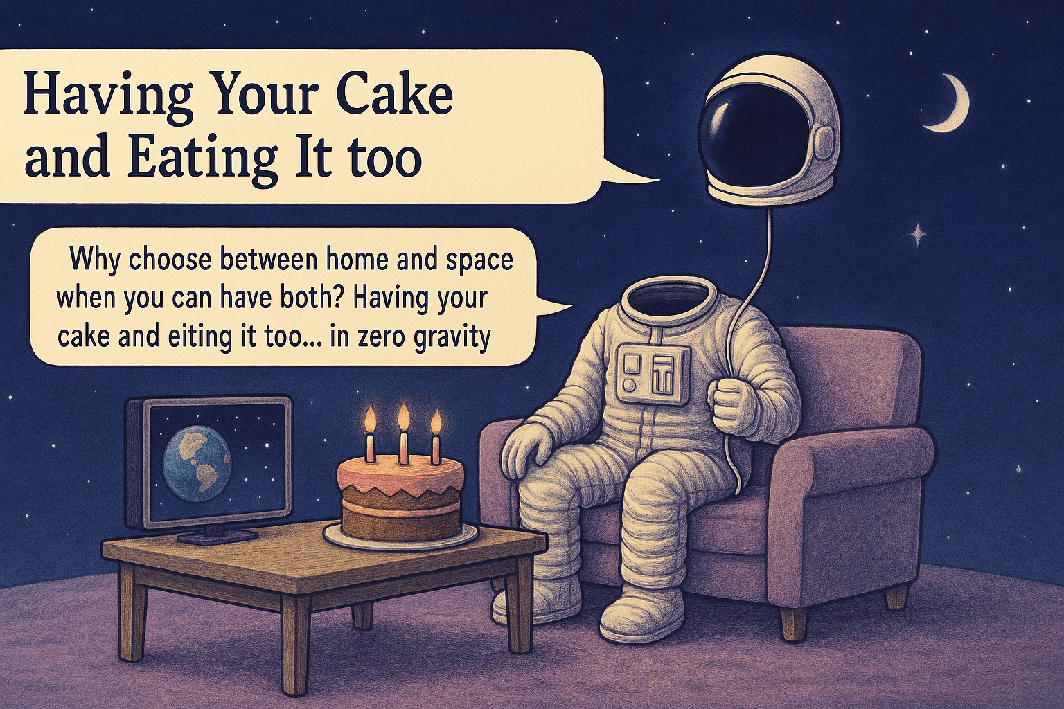 Image of an astronaut space suit holding a string attached to the helmet that is floating like a helium balloon. The space suit is empty, floating in space, overlooking the earth below.